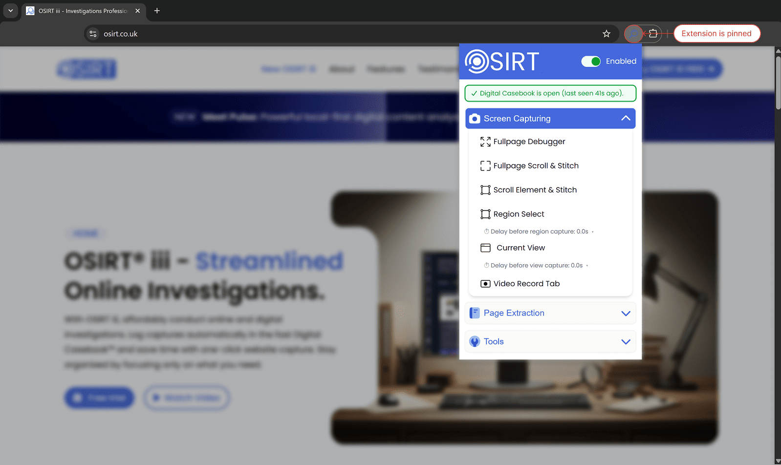 Placeholder - OSIRT iii browser extension installed and pinned in browser toolbar