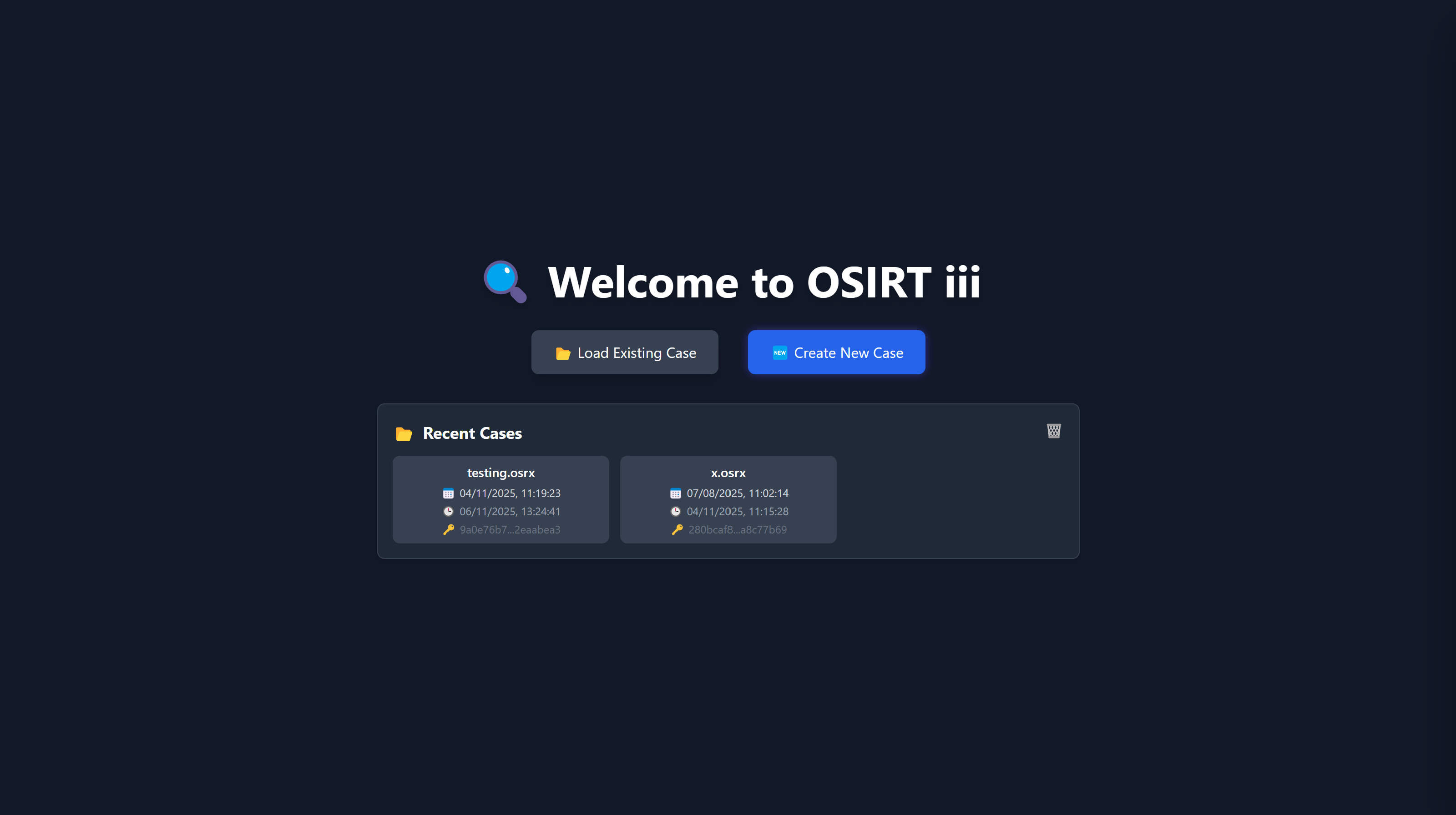 OSIRT iii Home Screen showing options to create a new case or load an existing case
